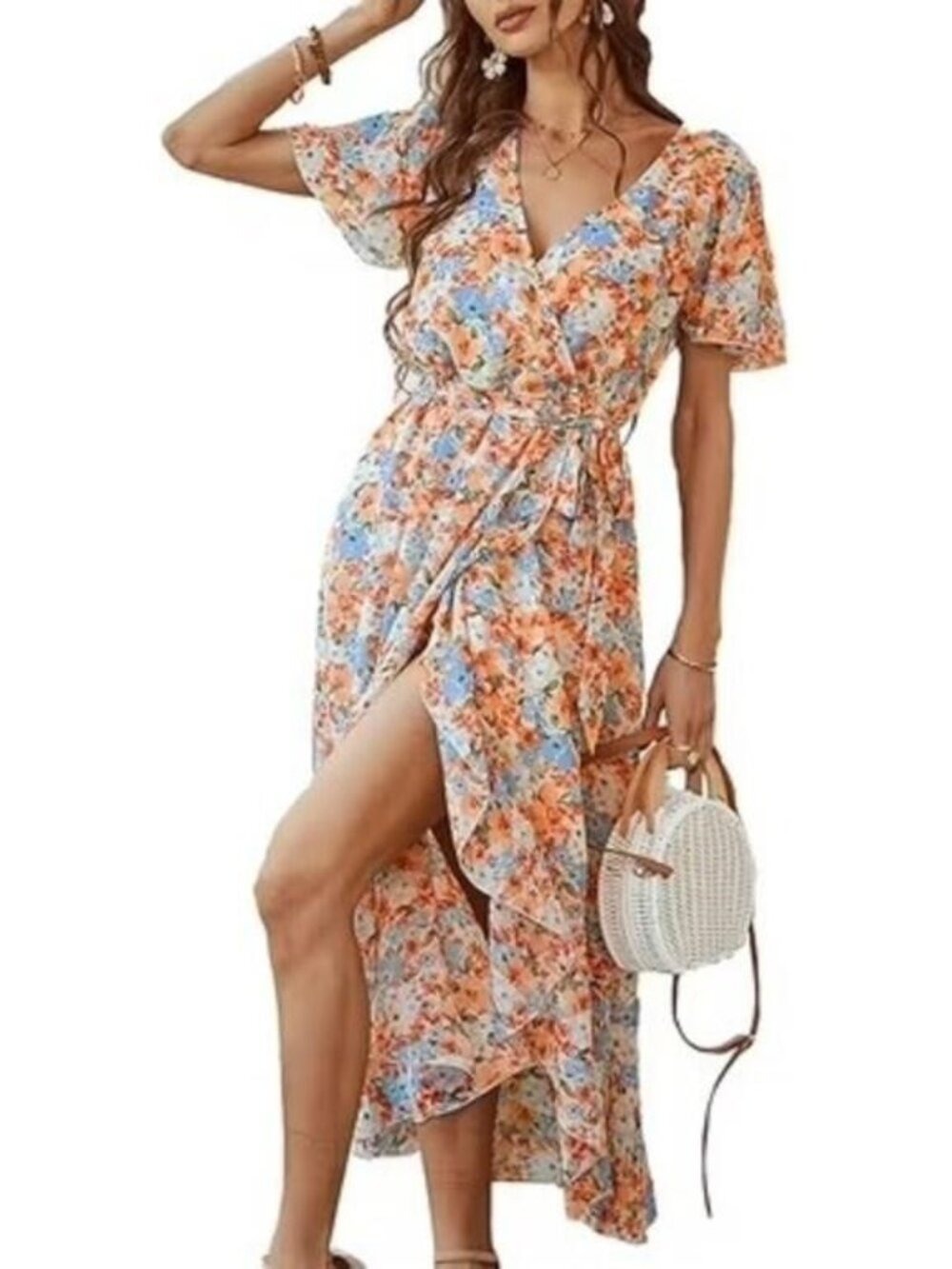 ✨PRETTYGARDEN Floral Boho Wrap Maxi Dress V-Neck Belted Ruffle Hem Size S NWT